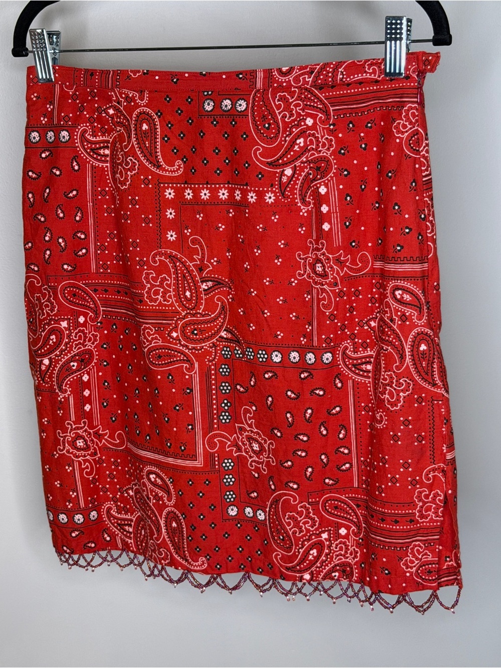 Y2K Red Bandana Print 100% Cotton Glass Beaded Hem Skirt Country Western